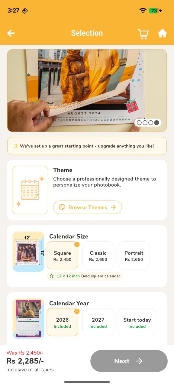 Calendar builder with size and year selection