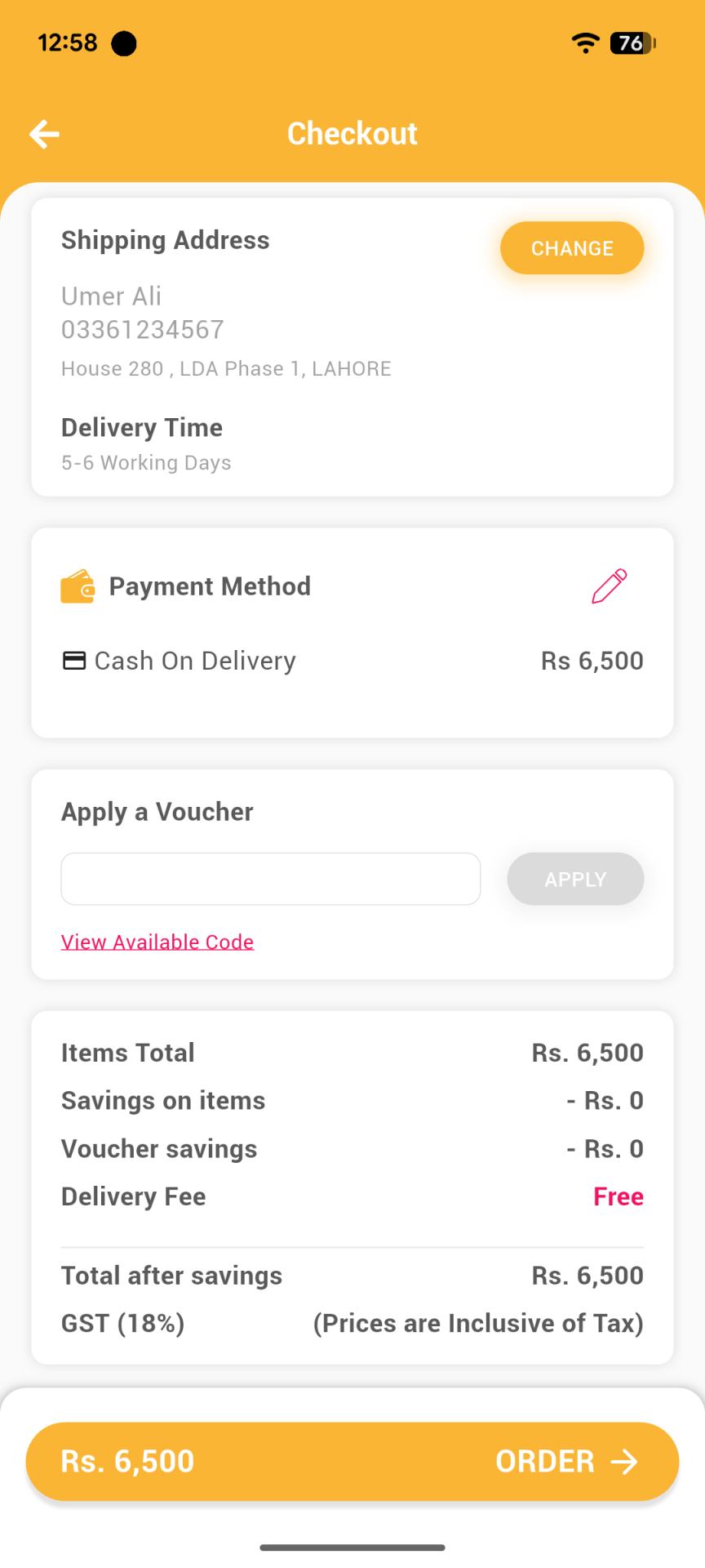 Checkout screen with COD payment and GST-inclusive pricing