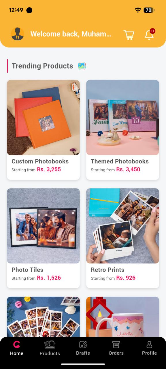 Color Kahar home screen showing cached trending products catalog