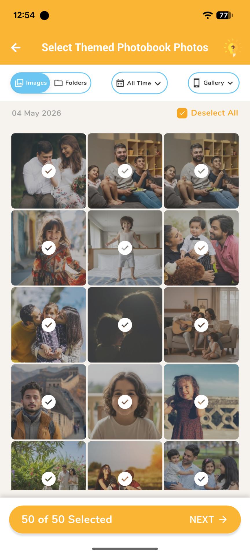 Bulk gallery photo picker for a themed photobook
