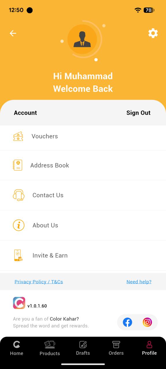 Account profile screen with vouchers, address book and referrals