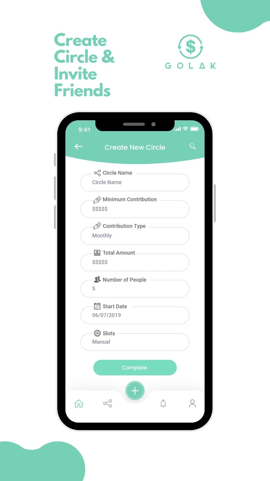 Create New Circle screen with contribution amount, frequency, member count and start date