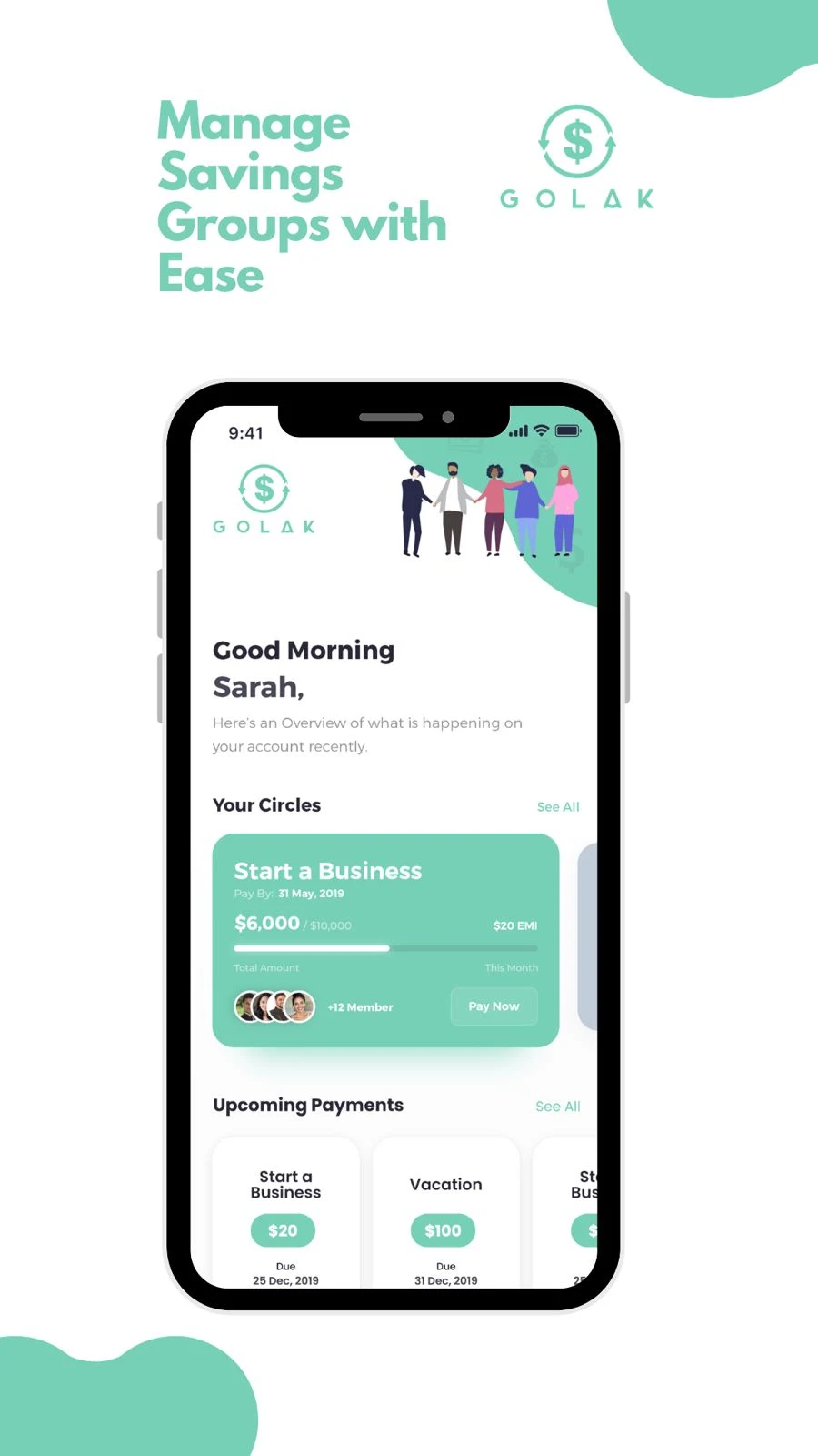 Home dashboard showing circles and upcoming payments