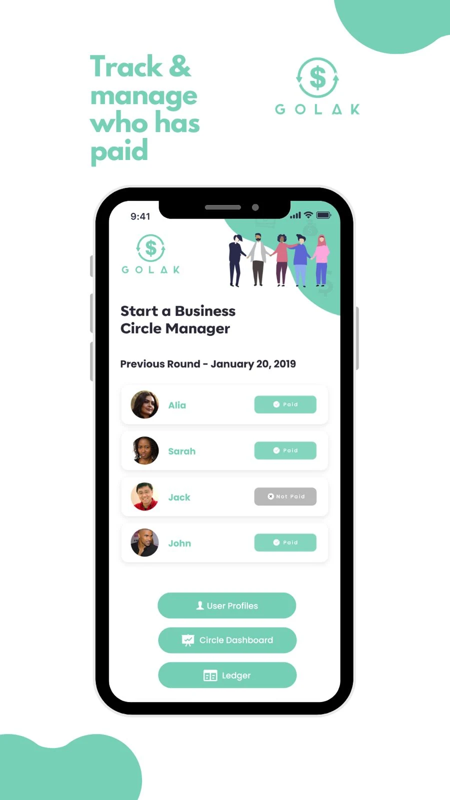 Circle manager screen tracking who has paid each round