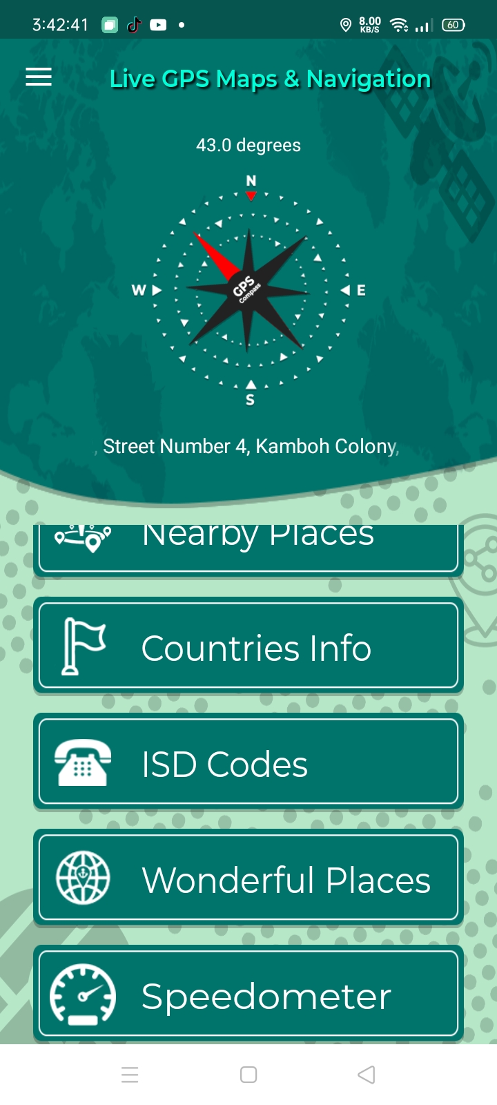Tools menu with Nearby Places, Countries Info, ISD Codes, Wonderful Places and Speedometer