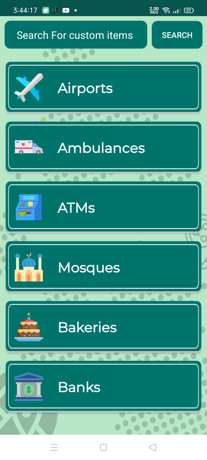 Nearby places categories including airports, ambulances, ATMs and mosques