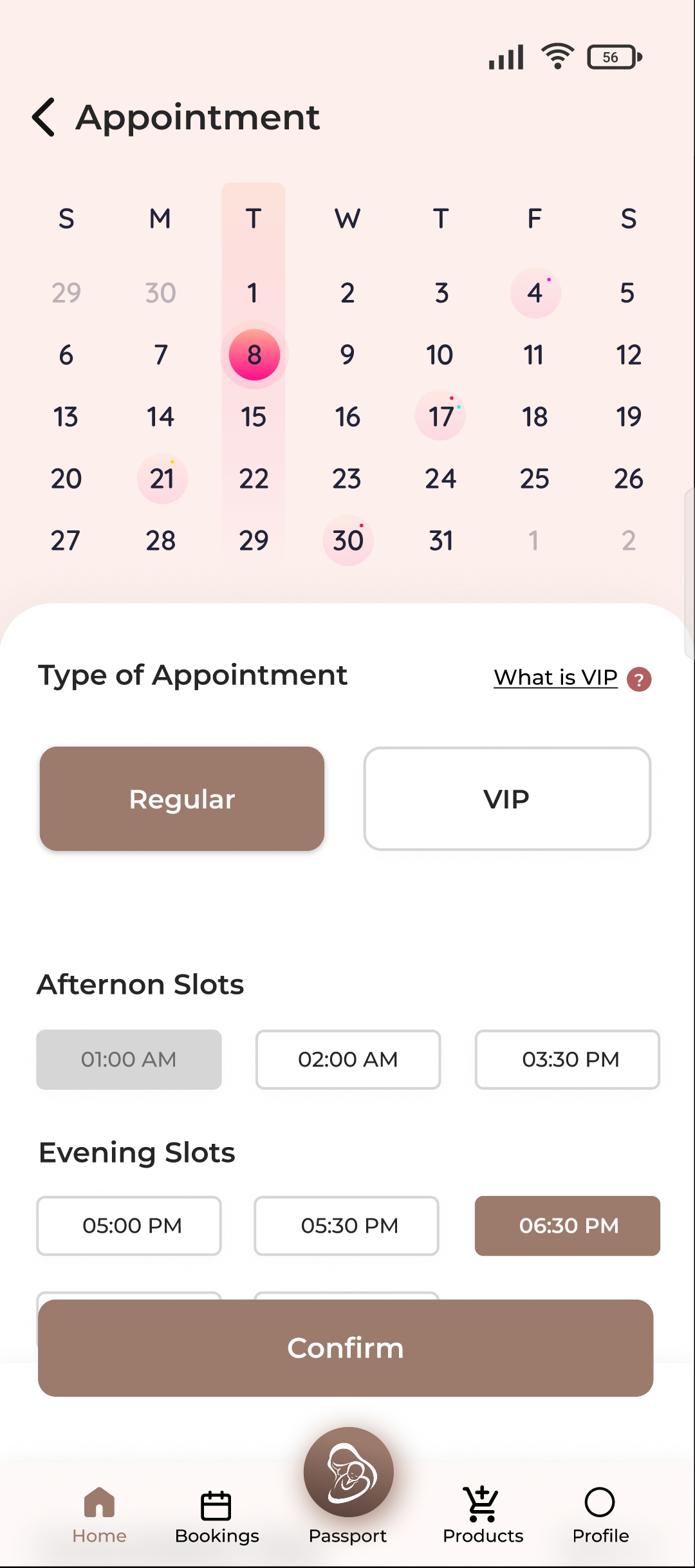 Appointment booking calendar with regular and VIP slots