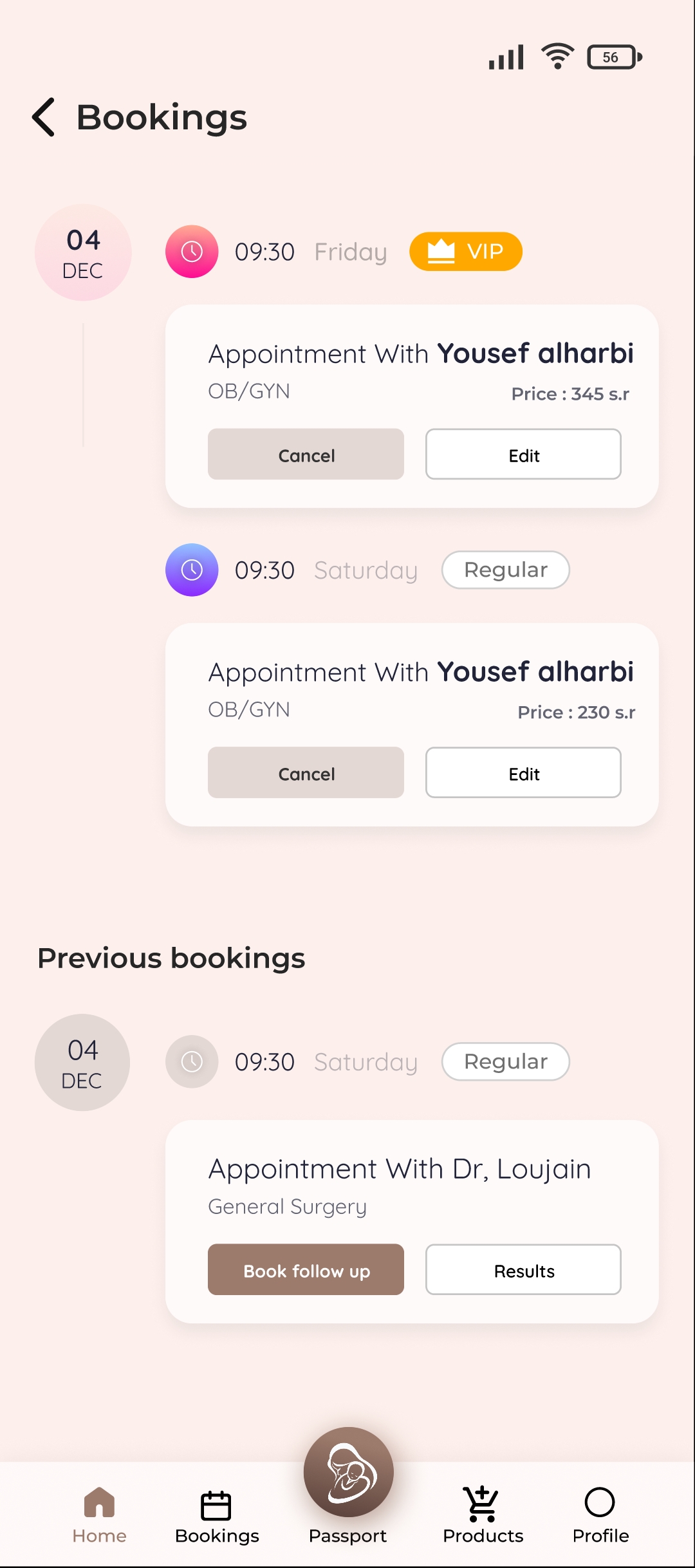 Bookings list with upcoming and previous appointments