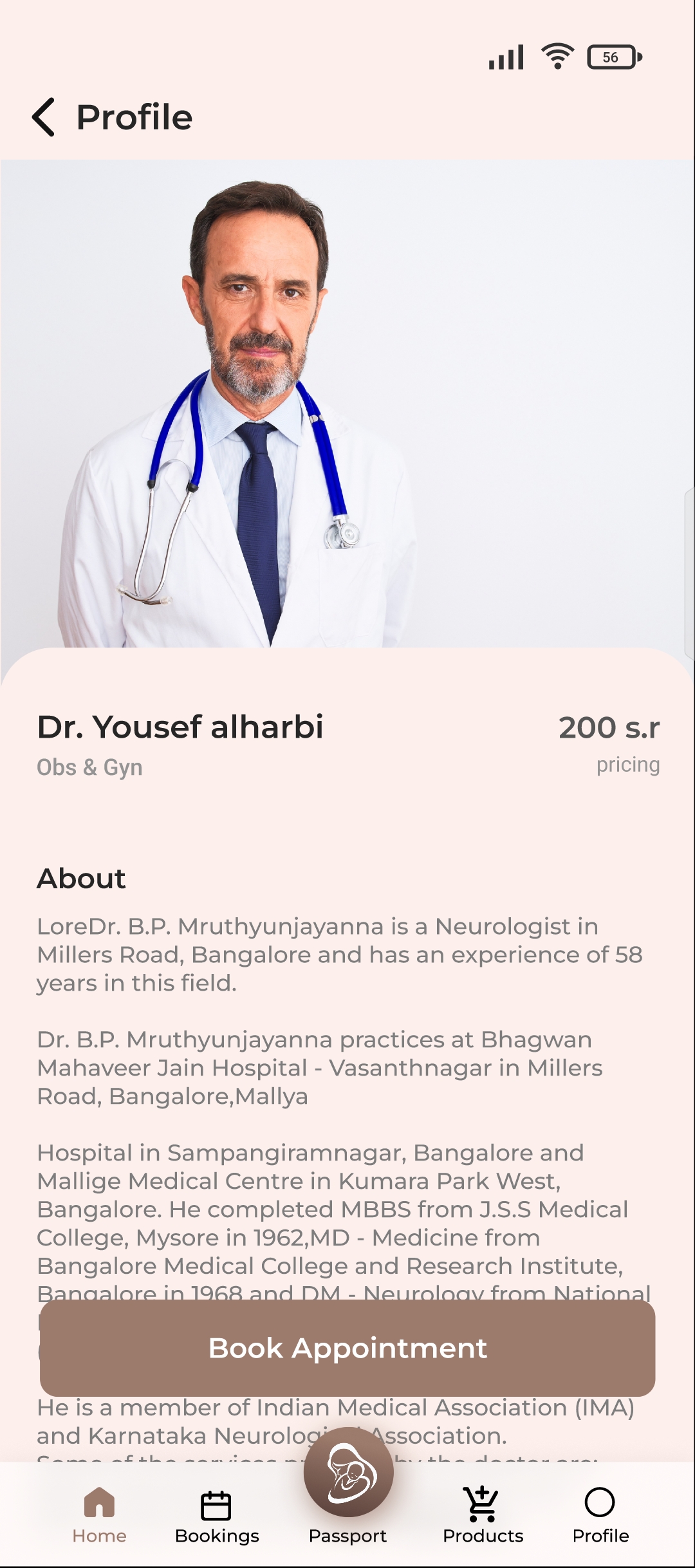 Doctor profile with booking prompt