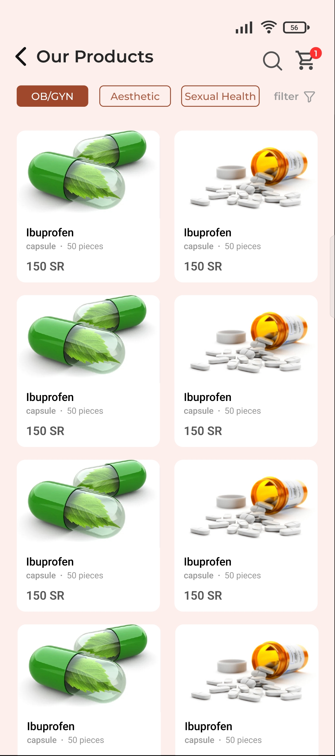 Medication ordering screen with product categories