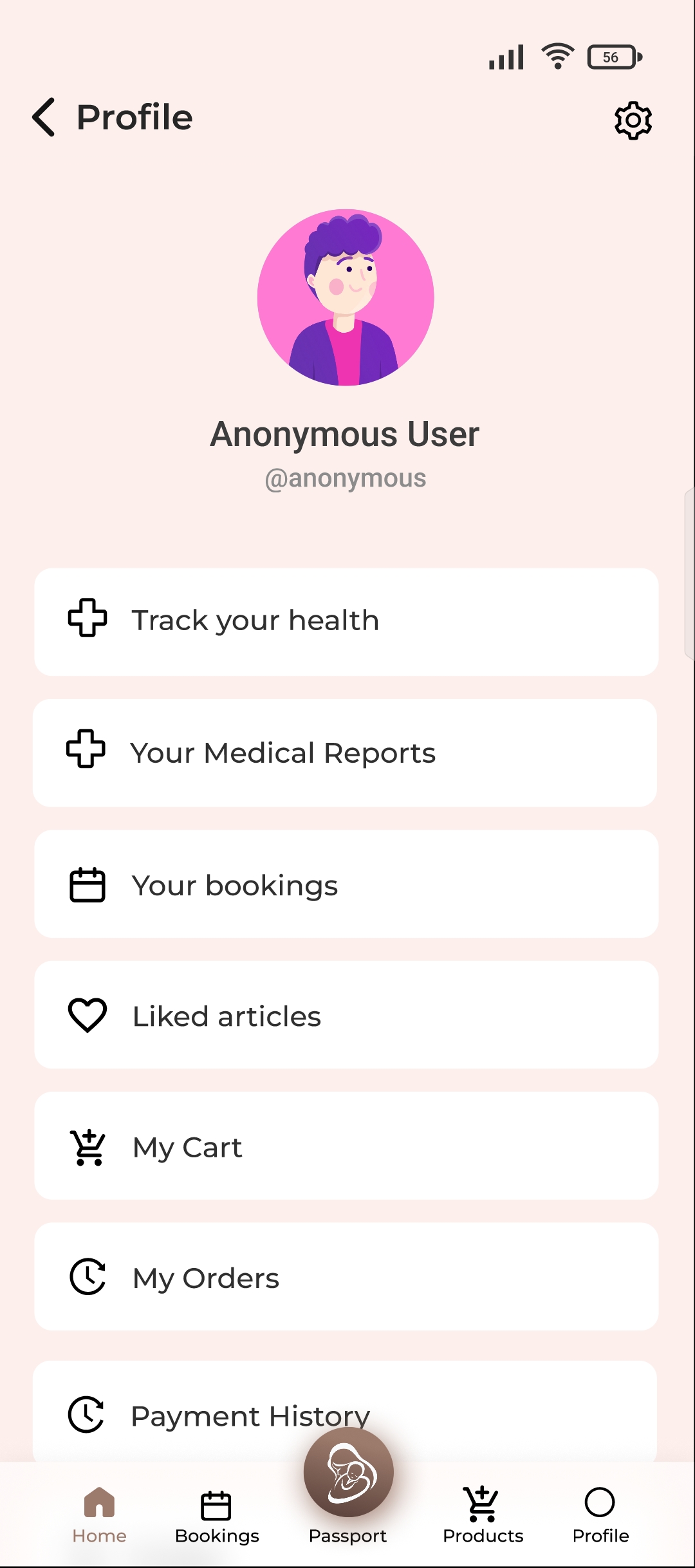 Account profile screen with health and medical record links