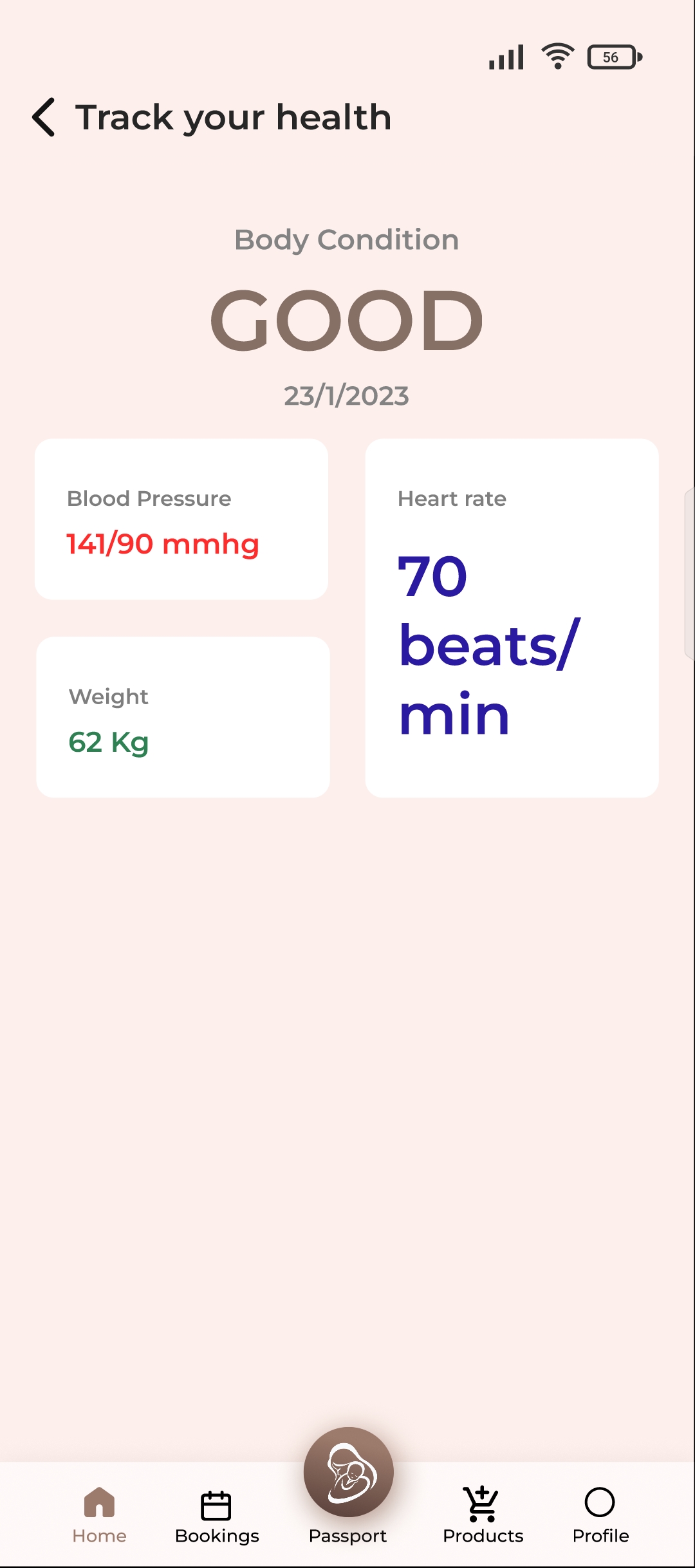 Health metric tracking screen with blood pressure and heart rate