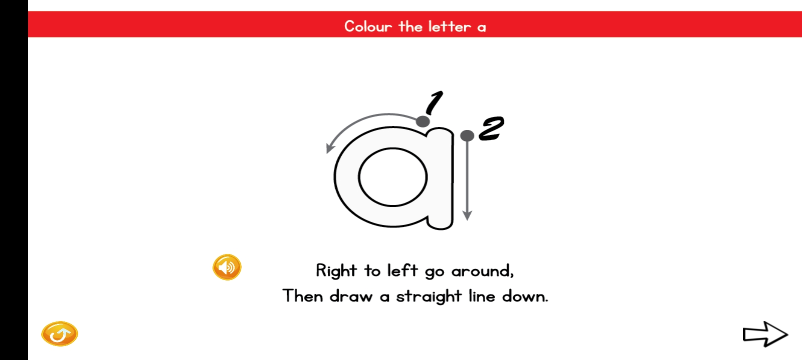 Letter tracing exercise for the letter a with directional arrows