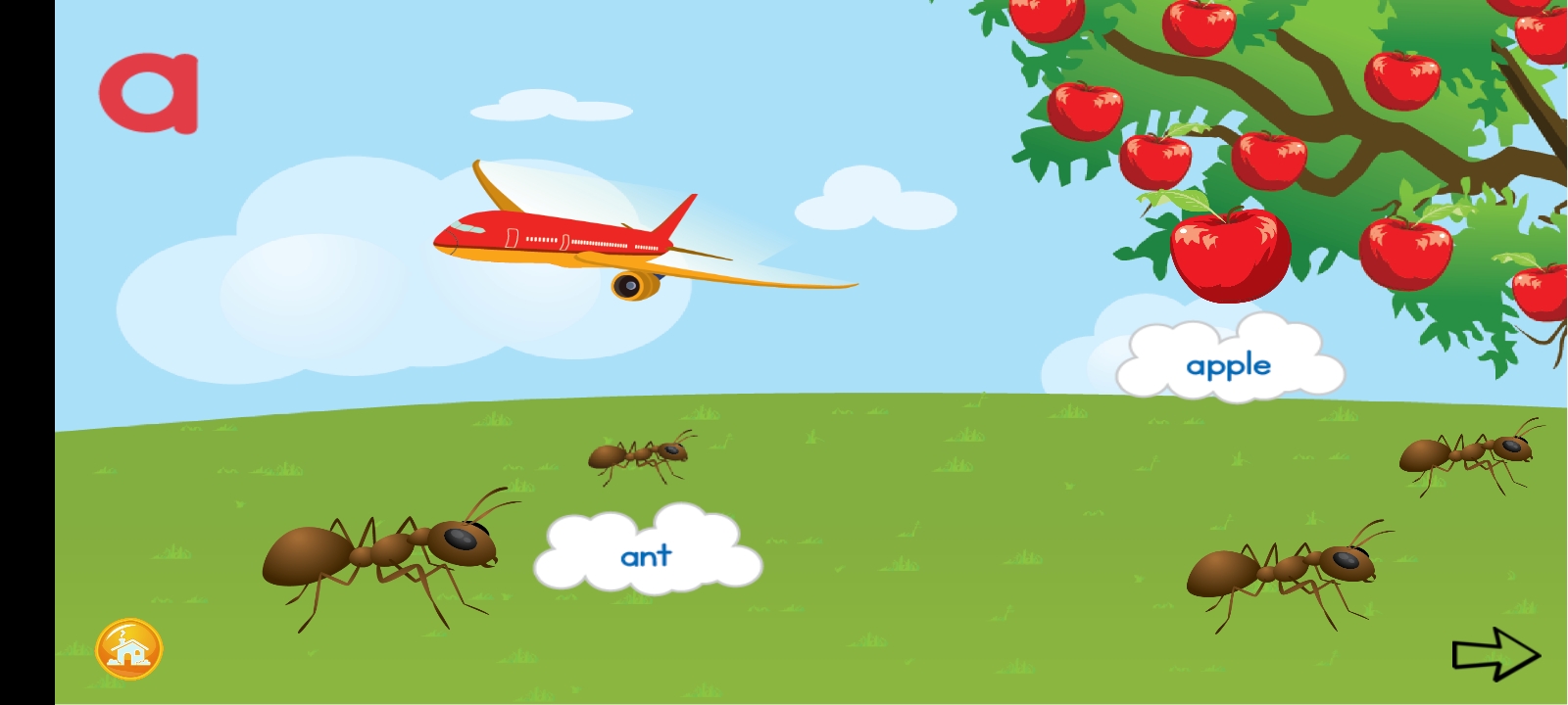 Ant and apple word matching scene for the letter a