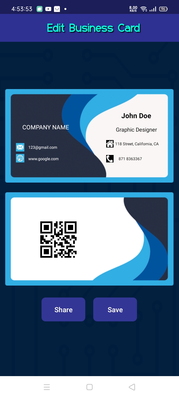 Business card editor with embedded QR code and Share/Save buttons