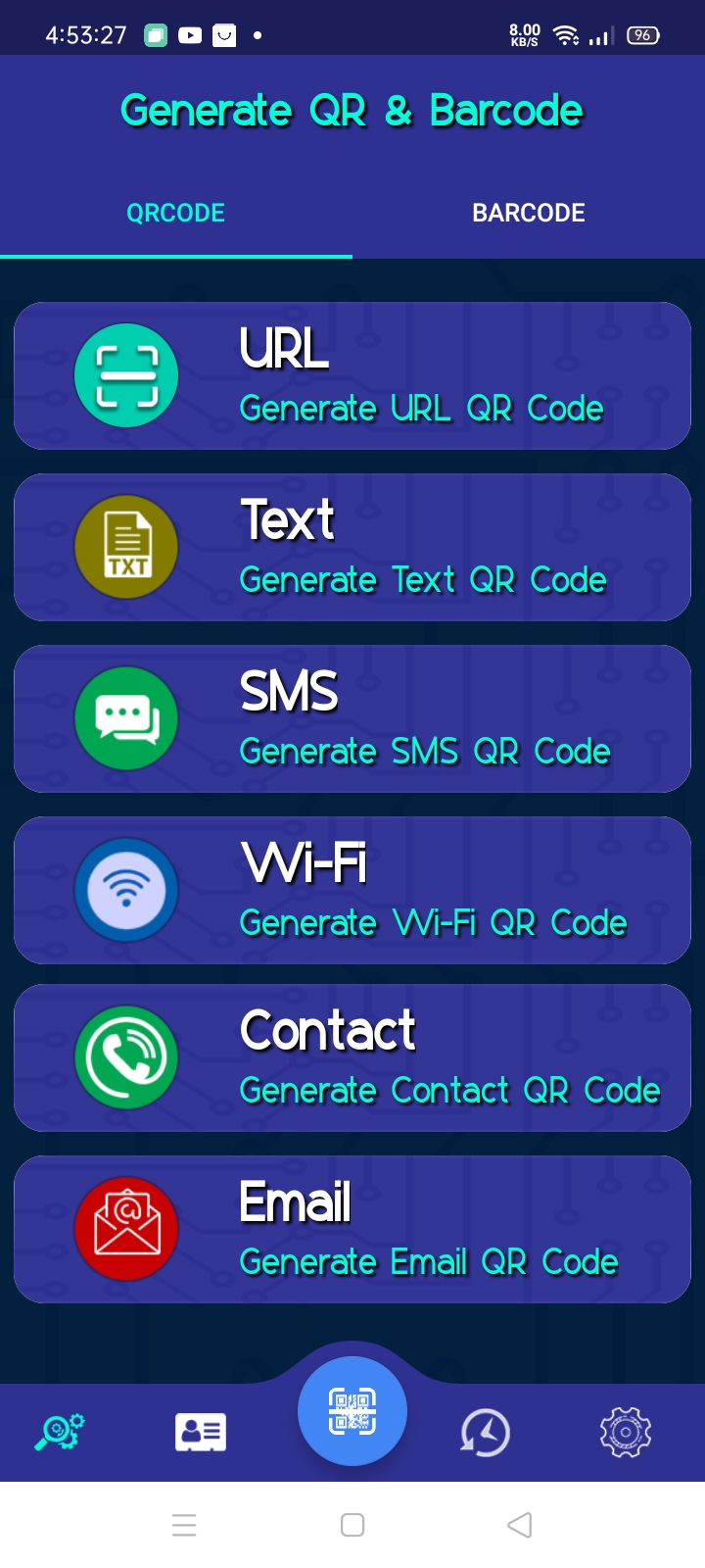 Generate QR code screen with URL, Text, SMS, Wi-Fi, Contact and Email options