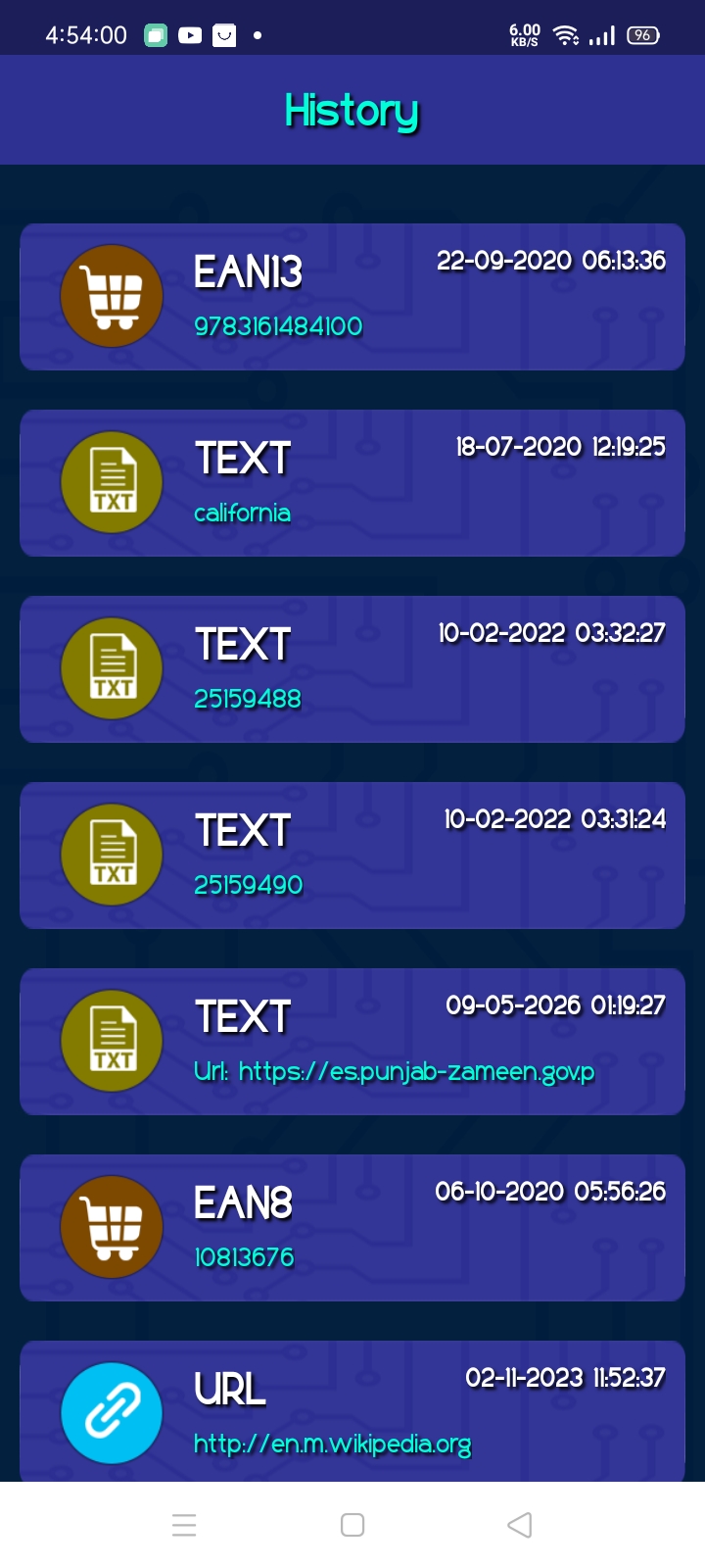 History list showing EAN13, Text and URL entries