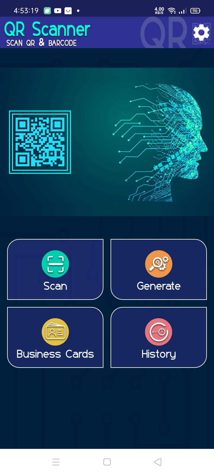 QR Scanner home screen with Scan, Generate, Business Cards and History